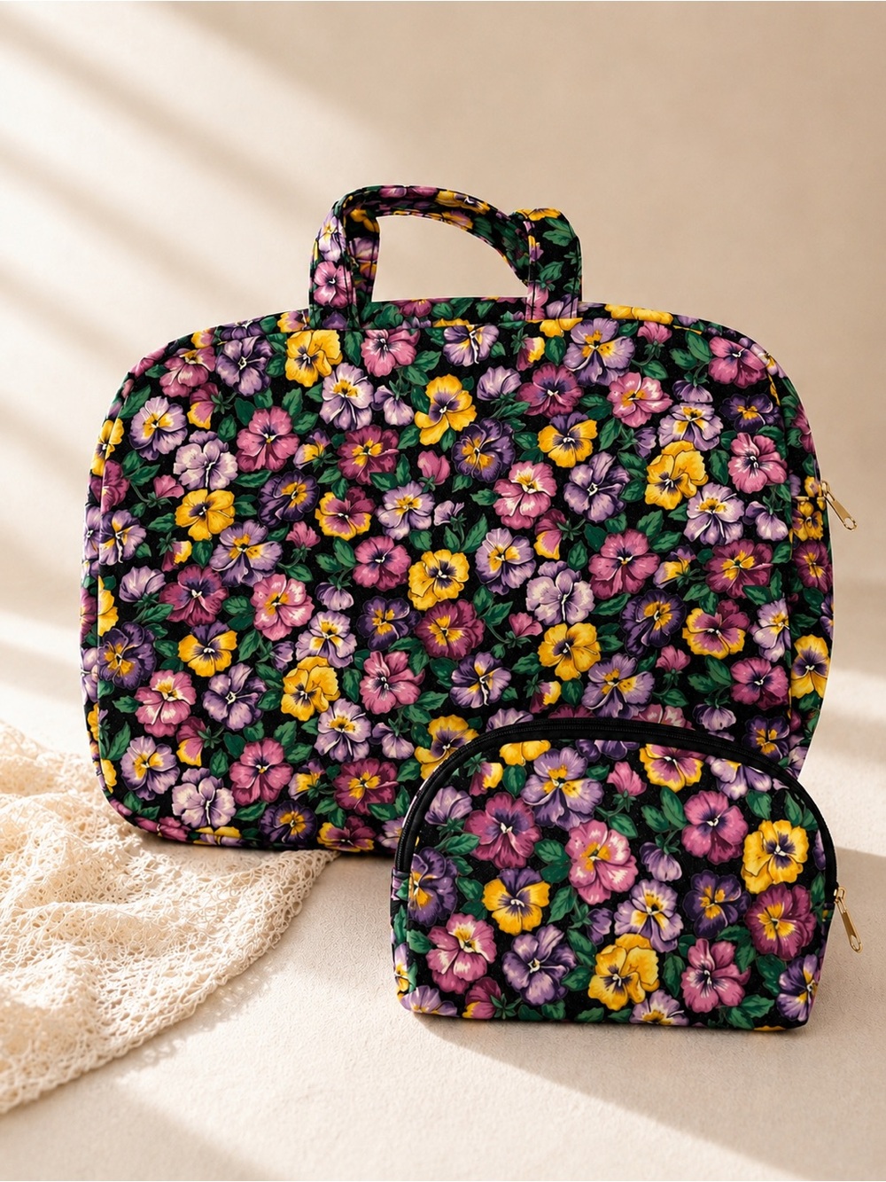 Vintage Pansy Floral Garment Bag & Makeup Case